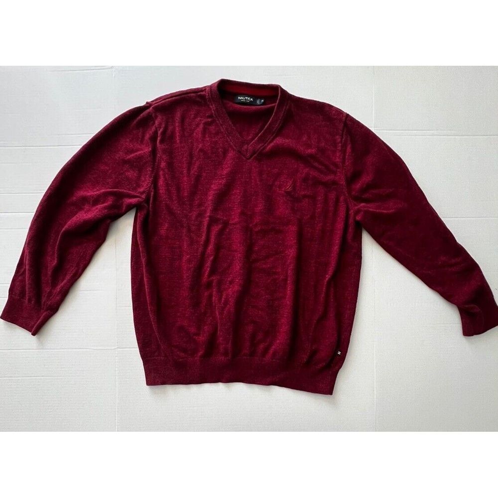 Nautica Knit Sweater Mens Size XL Navtech V‎ Neck Long Sleeve Pullover Red